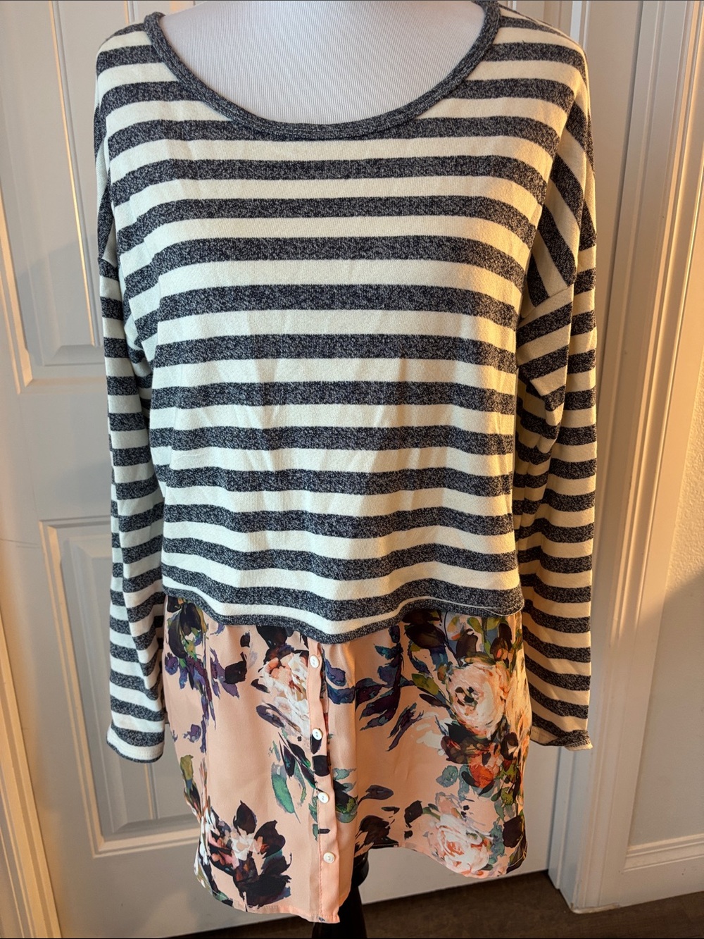 Anthropologie 🩷 Postmark Striped Layered Floral Shirt Top - Size Large